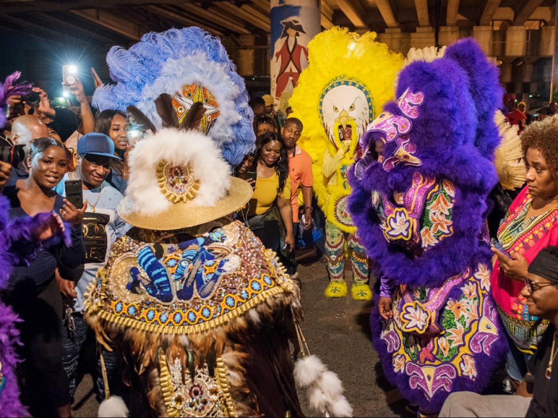 Creole Wild West Queen Rukia meets Creole Osceolas Flag Queen Kelly (yellow) during St. Joseph's Night in New Orleans on March 19, 2018 [Photo by Ryan Hodgson-Rigsbee]